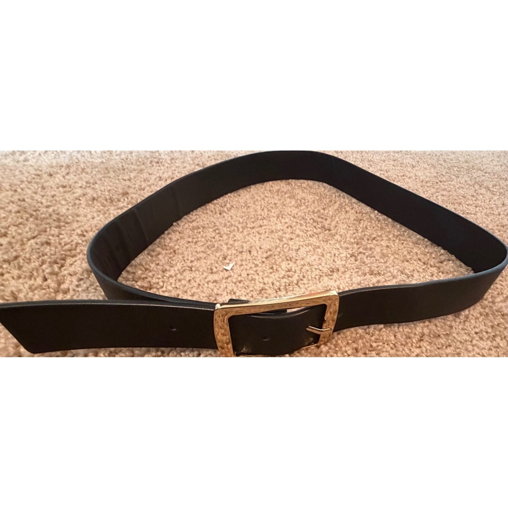 New York & Company Black Faux Leather Belt Gold Hammered Buckle Size Medium